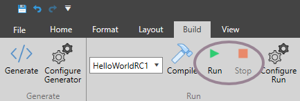Machine generated alternative text:
Home 
Generate Configure 
Generator 
Generate 
Format 
Layo ut 
Build 
Compil 
onfigure 
Run 
Stop 
HelioWorldRC1 • 